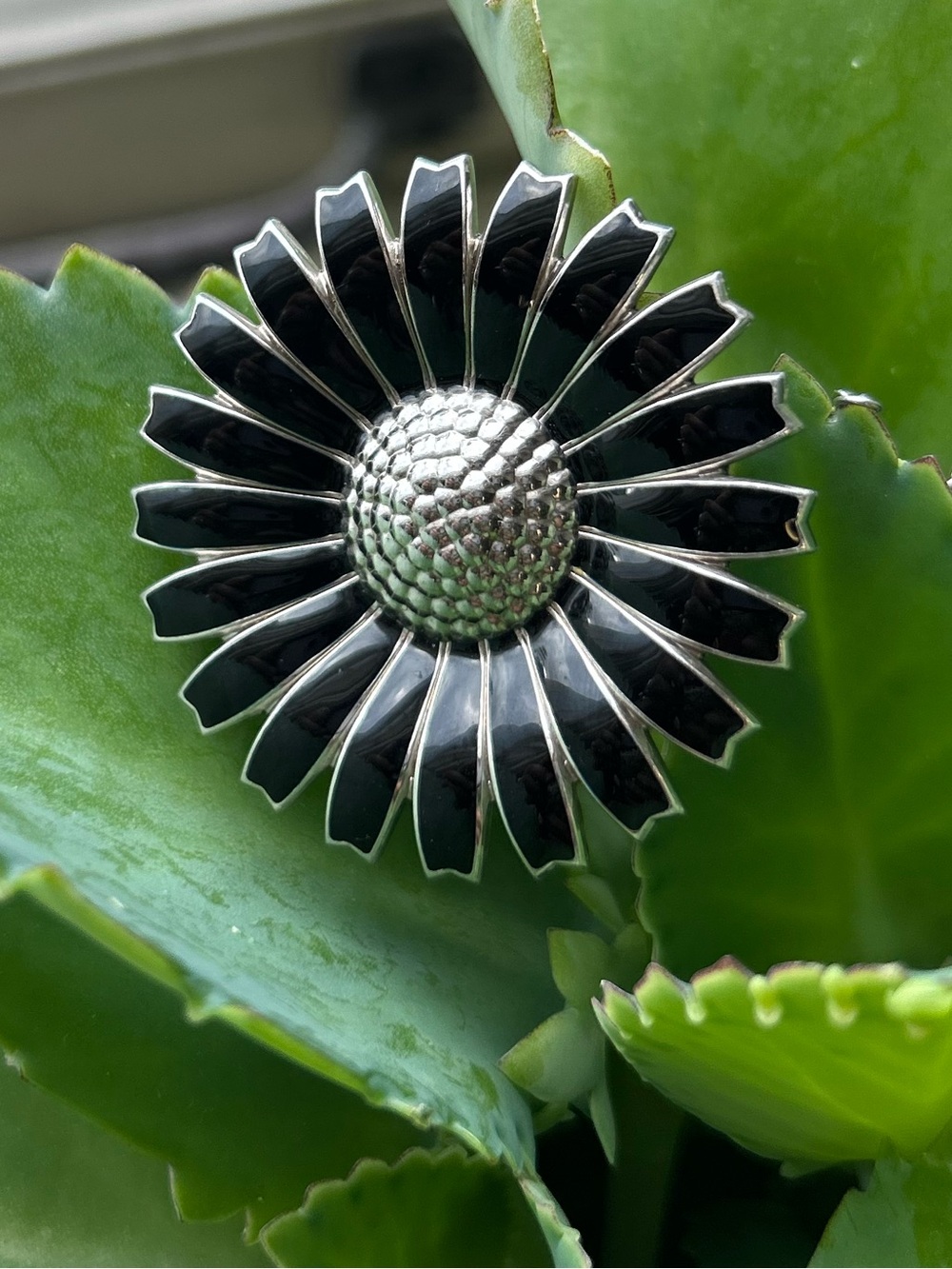 Georg Jensen sterling silver black enamel petals daisy pendant brooch necklace